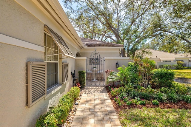 view of exterior entry with a gate, fence, and stucco siding