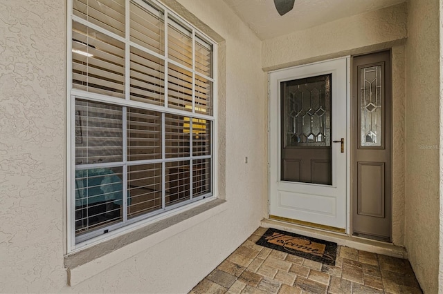 view of exterior entry with stucco siding