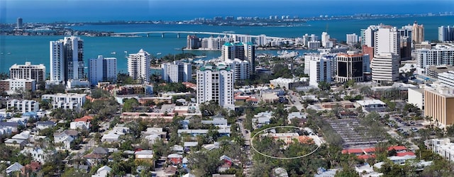 drone / aerial view featuring a water view