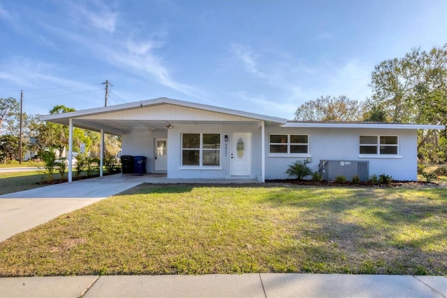 single story home featuring driveway, a carport, a front yard, and stucco siding