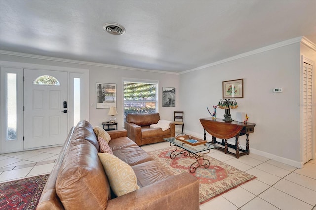 living room featuring light tile patterned floors, baseboards, visible vents, and crown molding