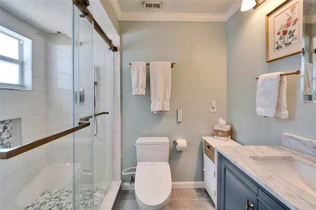 bathroom featuring a shower stall, visible vents, crown molding, and vanity