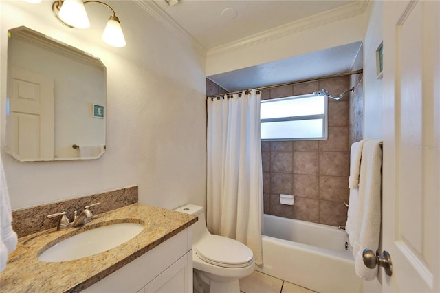 full bath featuring ornamental molding, vanity, toilet, and shower / bathtub combination with curtain