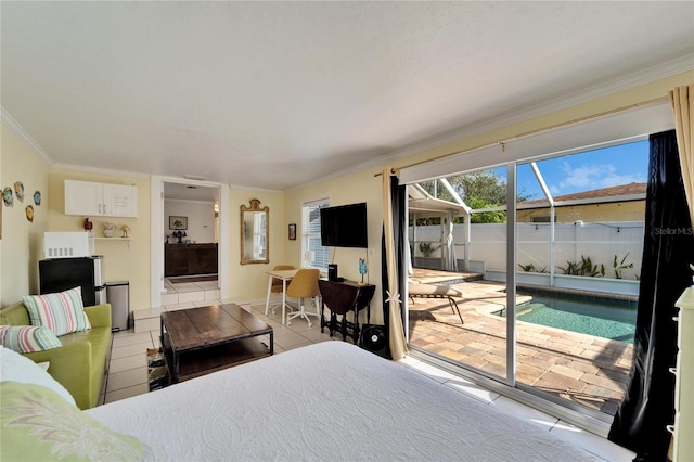 bedroom with light tile patterned floors, access to outside, and crown molding