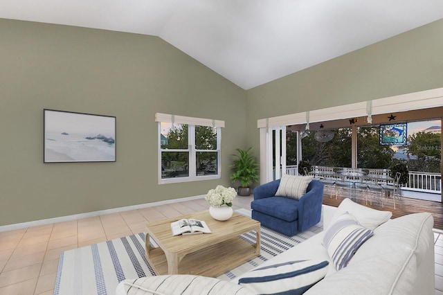 1528 43rd Avenue Dr W, Palmetto, FL 34221 - living room with tile patterned floors, high vaulted ceiling, and baseboards