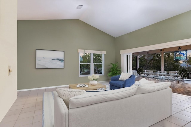 1528 43rd Avenue Dr W, Palmetto, FL 34221 - living area with light tile patterned floors, high vaulted ceiling, and visible vents