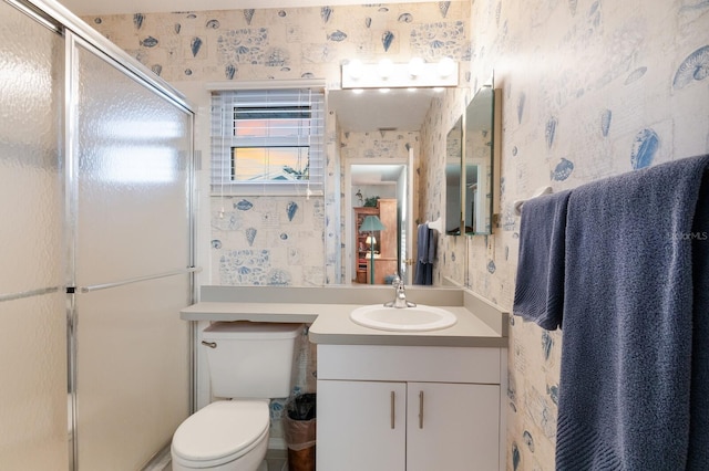1528 43rd Avenue Dr W, Palmetto, FL 34221 - full bath featuring toilet, a stall shower, wallpapered walls, and vanity