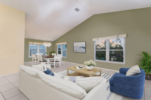 1528 43rd Avenue Dr W, Palmetto, FL 34221 - living room with high vaulted ceiling, light tile patterned floors, and visible vents
