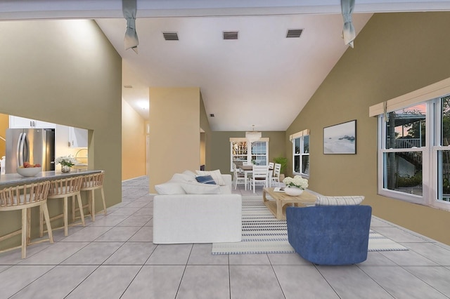1528 43rd Avenue Dr W, Palmetto, FL 34221 - living area featuring visible vents, high vaulted ceiling, and light tile patterned floors