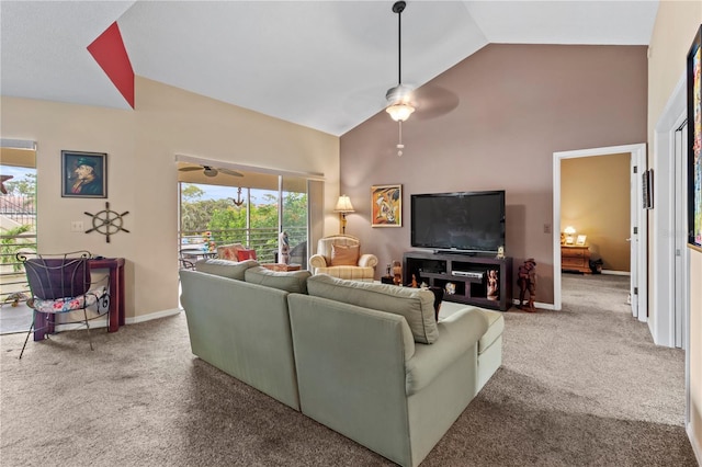 living room with carpet, ceiling fan, and high vaulted ceiling