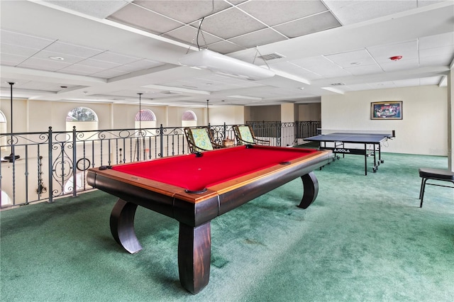 game room with a paneled ceiling, carpet, billiards, and visible vents