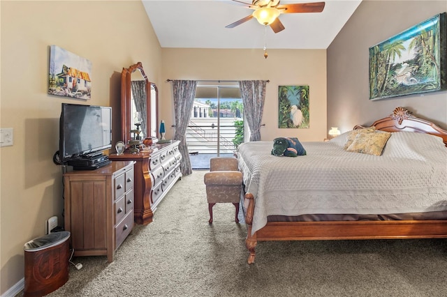 bedroom with carpet flooring, a ceiling fan, baseboards, vaulted ceiling, and access to outside