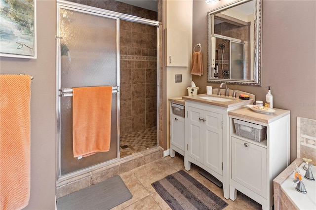 bathroom with a shower stall, vanity, and tile patterned floors