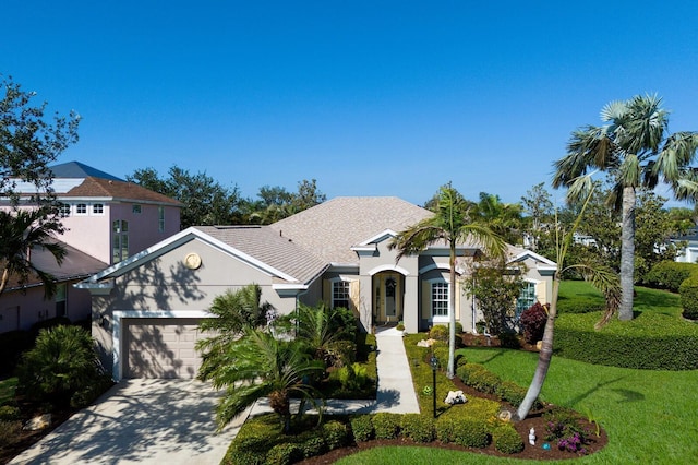 view of front of house with a garage, driveway, a front yard, and stucco siding