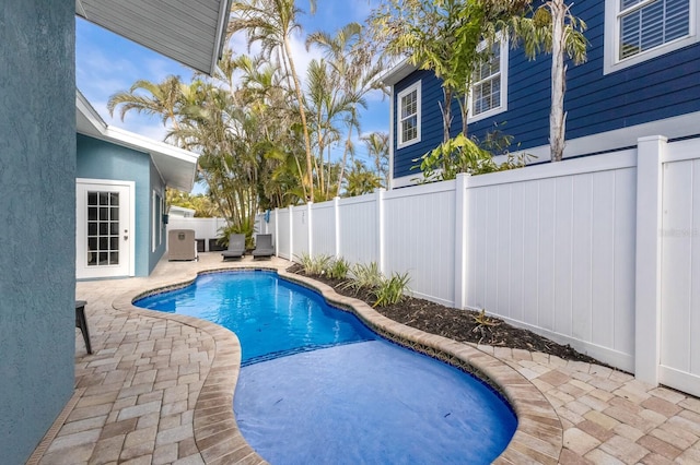 view of pool with a patio, a fenced backyard, and a fenced in pool