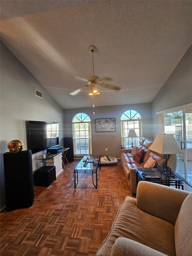 living area featuring lofted ceiling, a textured ceiling, and visible vents