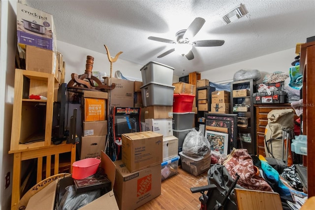 storage area with visible vents and a ceiling fan