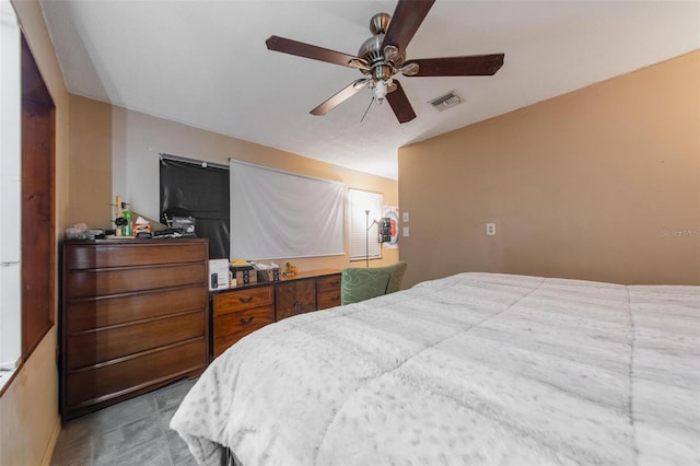 bedroom with ceiling fan and visible vents