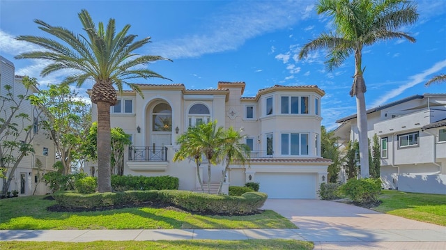 mediterranean / spanish-style home featuring driveway, a tiled roof, an attached garage, and stucco siding