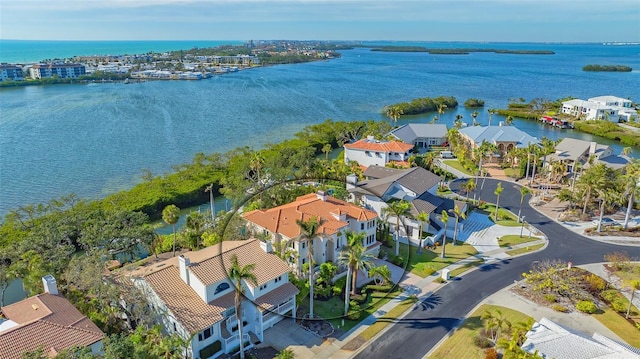 birds eye view of property with a water view and a residential view