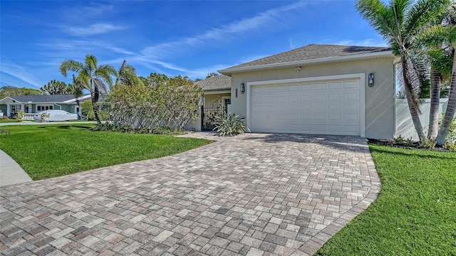 view of front of home with a garage, stucco siding, decorative driveway, and a front yard