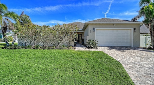 view of front facade with an attached garage, a shingled roof, decorative driveway, stucco siding, and a front lawn