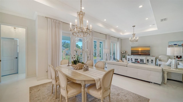 dining space with crown molding, a tray ceiling, a notable chandelier, and recessed lighting