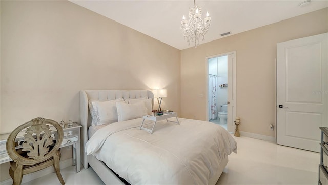 bedroom featuring a chandelier, visible vents, connected bathroom, and baseboards