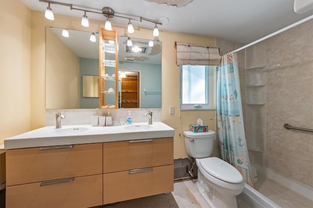 bathroom featuring a shower with curtain, vanity, backsplash, and toilet