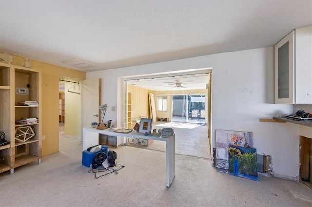 workout room featuring light carpet