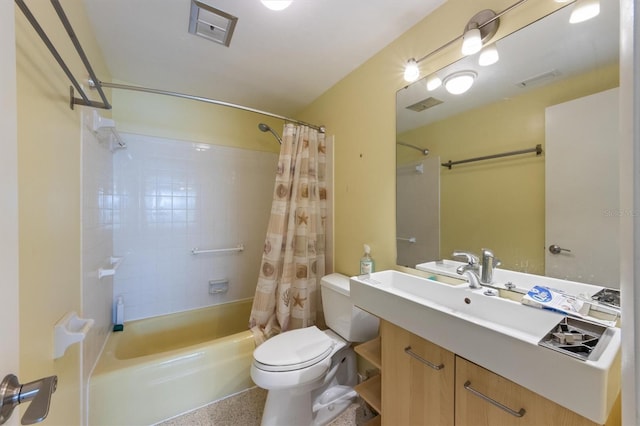 full bathroom with shower / bathtub combination with curtain, vanity, and toilet