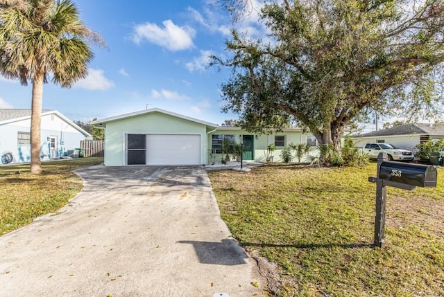 single story home featuring a garage, concrete driveway, a front lawn, and stucco siding