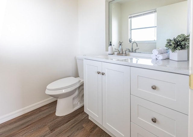 bathroom featuring toilet, vanity, and wood-type flooring