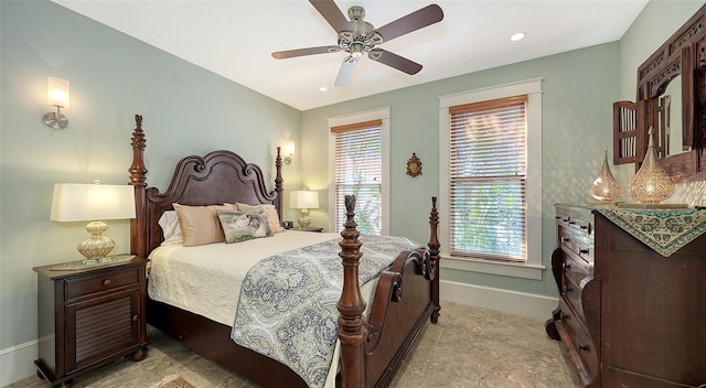 bedroom with ceiling fan, baseboards, and recessed lighting