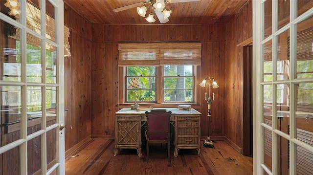 office with hardwood / wood-style floors, wooden walls, and wooden ceiling