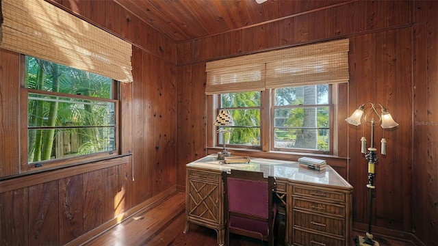 office featuring wooden walls, wood finished floors, and wood ceiling