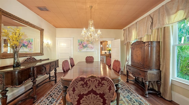 dining room featuring an inviting chandelier, baseboards, dark wood-style floors, and visible vents