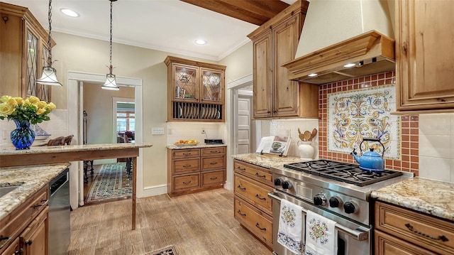 kitchen with crown molding, light wood finished floors, premium range hood, and stainless steel appliances