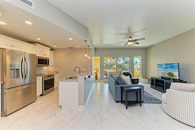 living room with marble finish floor, ceiling fan, visible vents, and recessed lighting