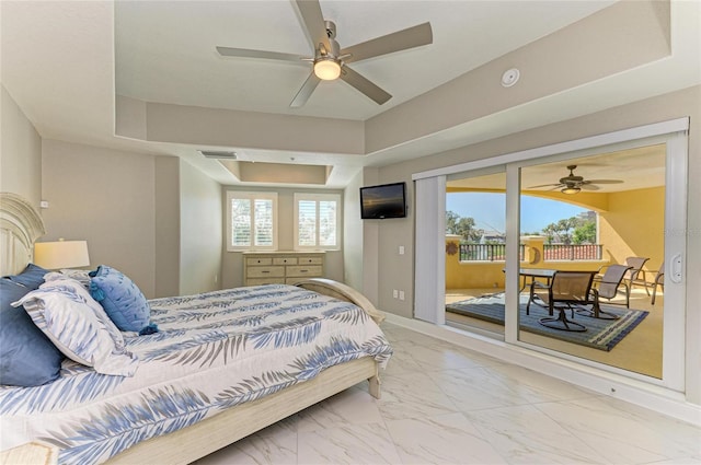 bedroom featuring marble finish floor, access to outside, multiple windows, and visible vents