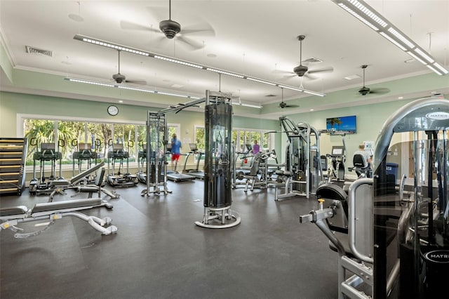 workout area with ornamental molding and ceiling fan