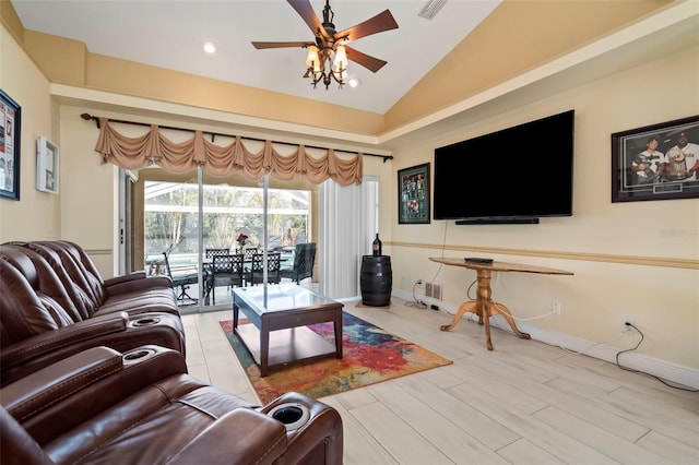 living room with light wood finished floors, visible vents, baseboards, ceiling fan, and vaulted ceiling