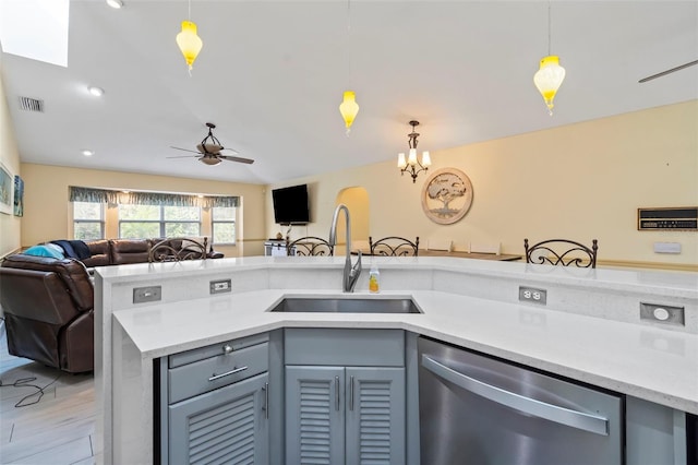 kitchen with hanging light fixtures, dishwasher, visible vents, and a sink