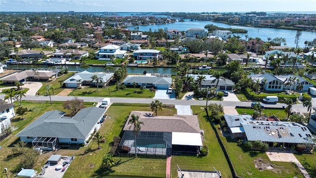 bird's eye view with a water view