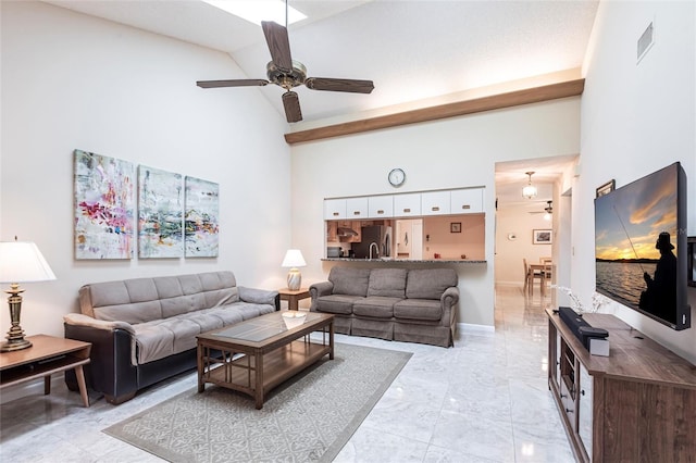 living room featuring marble finish floor, visible vents, a ceiling fan, high vaulted ceiling, and baseboards