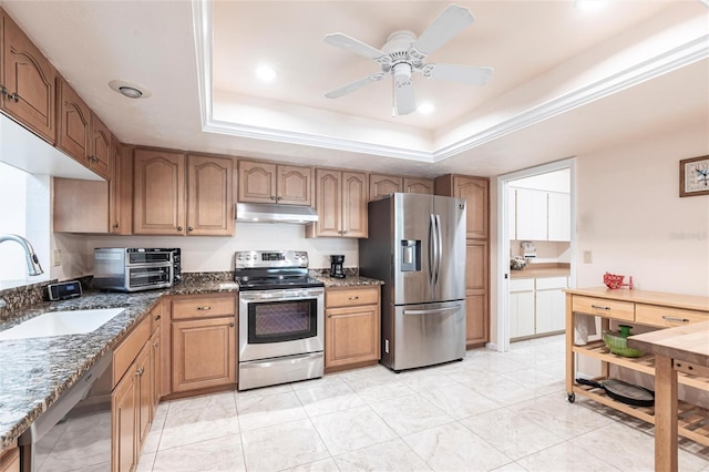 kitchen with appliances with stainless steel finishes, a tray ceiling, a sink, and under cabinet range hood