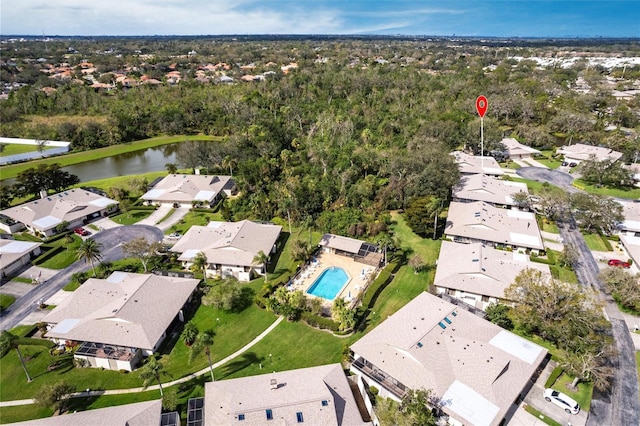 aerial view with a water view and a residential view