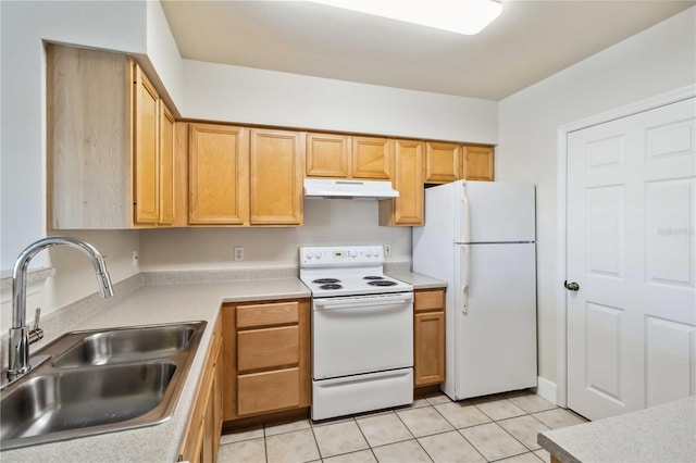 kitchen featuring light tile patterned floors, light countertops, a sink, white appliances, and under cabinet range hood