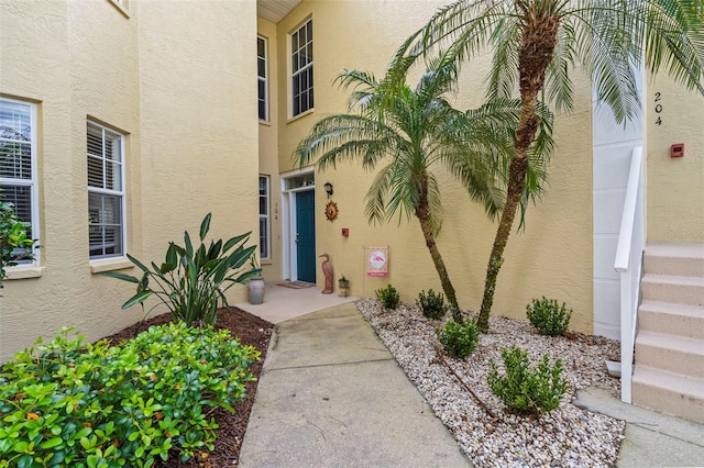 view of exterior entry with stucco siding