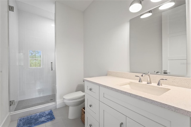 bathroom with vanity, toilet, a shower stall, and tile patterned flooring